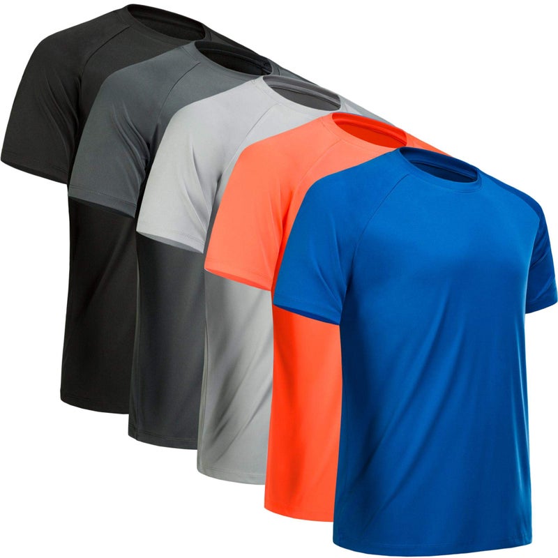 MCPORO Workout Shirts for Men Short Sleeve Quick Dry Athletic Gym Active T Shirt Moisture Wicking 5 Pack Black, Dark Grey, Light Grey, Blue, Orange Medium - Image 1